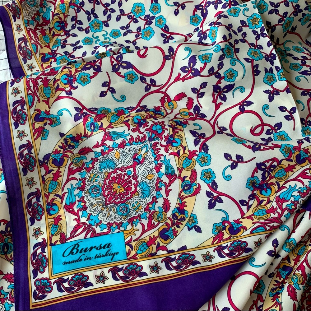 Silk Scarf Vintage Style Floral Print Cream and Purple